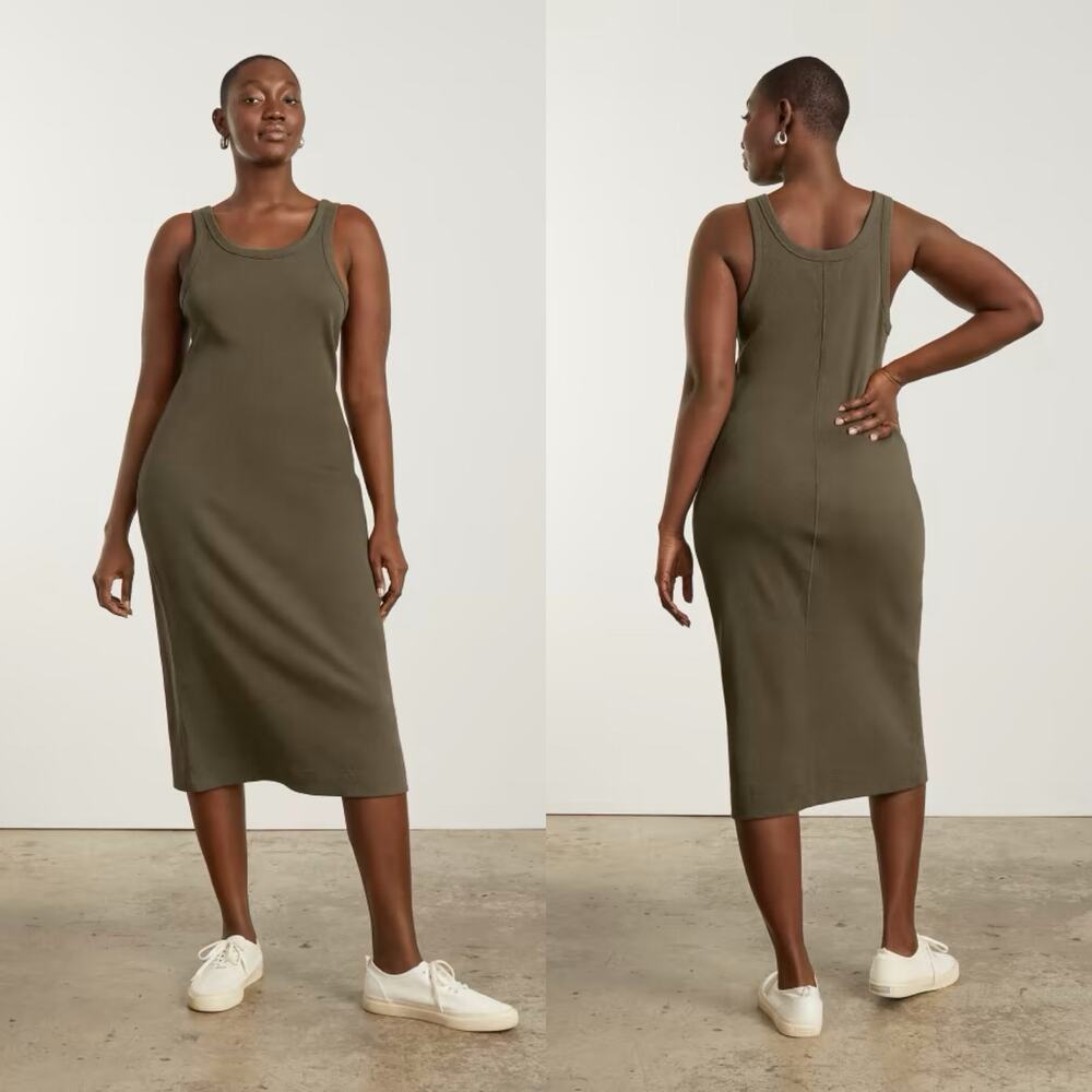 New Everlane The 90's Rib Midi Dress Olive Green Scoop Neck Women's XS NWOT